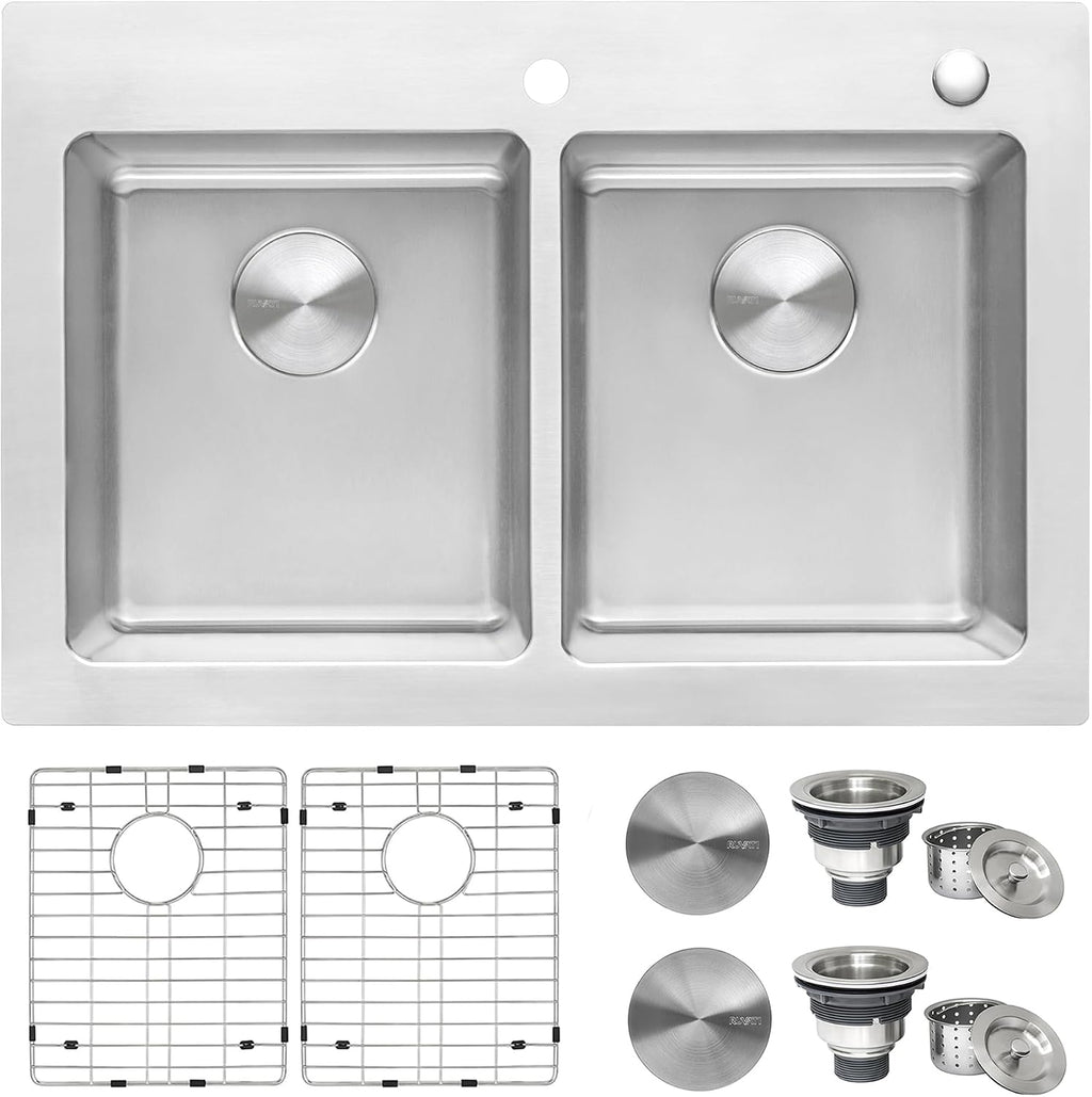 Ruvati 33 x 22 inch Topmount Kitchen Sink – 50/50 Double Bowl Kitchen Sinks, 16 Gauge T-304 Stainless Steel Kitchen sink, Drop-in Sink, Brushed Finish – RVM5150