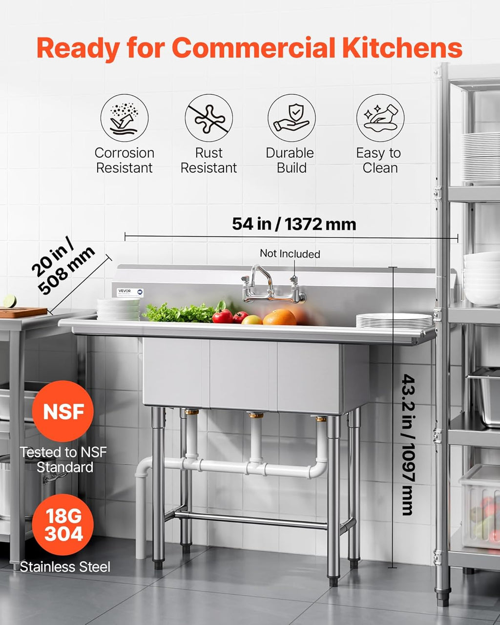 VEVOR 3 Compartment Sink, 18-Gauge 304 Stainless Steel, 10' x 14' x 10' Bowl Size, 3 Bay Commercial Kitchen Prep & Utility Sink with 2 Drainboards and Backsplash for Restaurant, Food Truck & Home Use