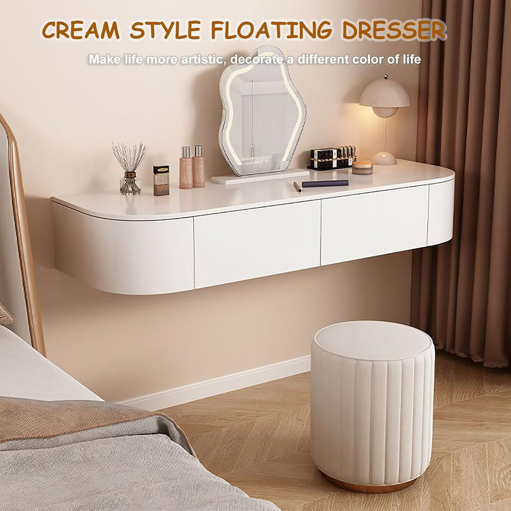 Floating Makeup Vanity for Wall, White Corner Floating Desk Dresser, Wall Mounted Floating Dressing Table with Storage, Small Wood Vanity Desk with Mirror and Lights, Bedside Vanity with Shelf Bedroom