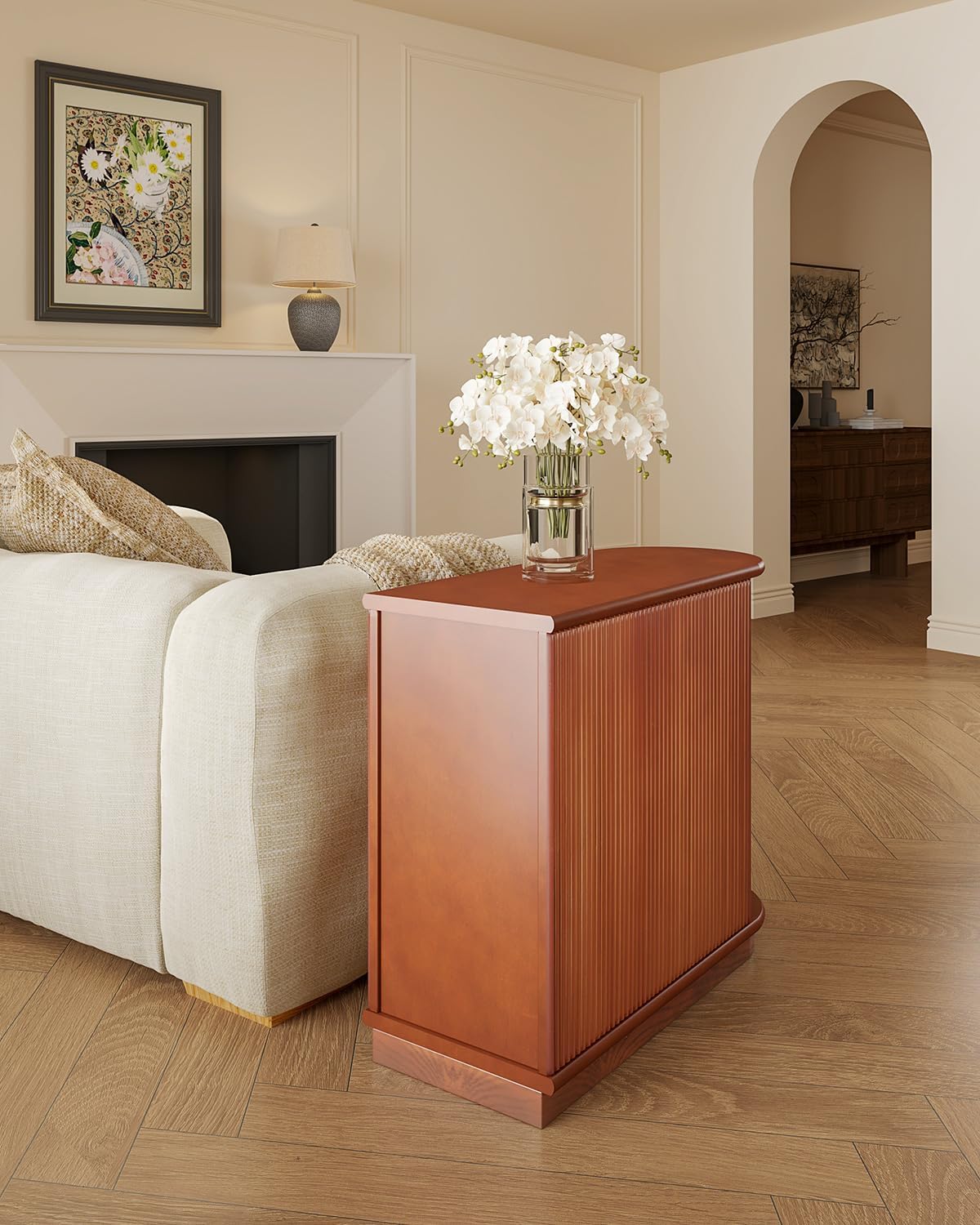 LITTLE TREE End Table with 3 Drawers, No Assembly Required & Closed Back Side Table, Mid-century Modern Sofa Side Table, Brown Side End Table for Living Room, Slim Nightstand Bedside Table for Bedroom