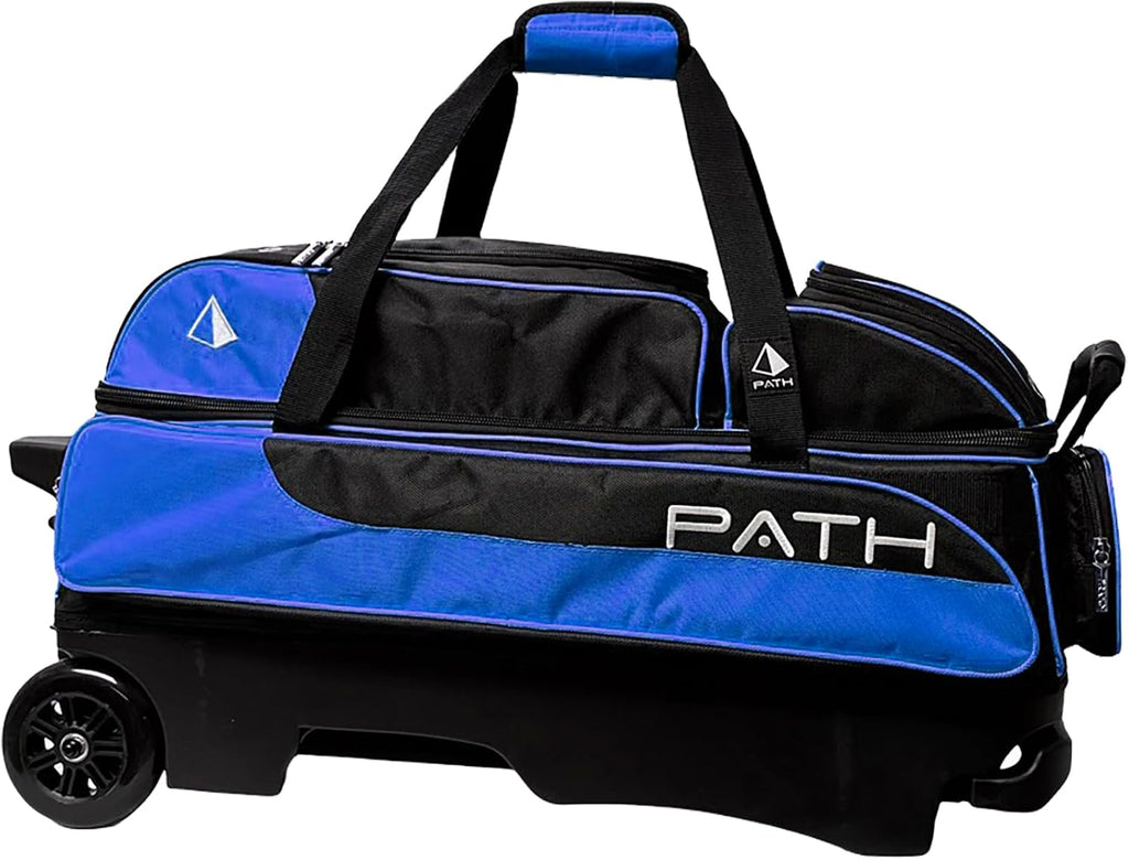 Pyramid Path Triple Premium Deluxe Roller Bowling Bag With Extra Large Separate Shoe Compartment (Up To US Mens Size 16) and 5 Accessory Pockets, 5' Wheels, Retractable Locking Handle - Extends to 42'