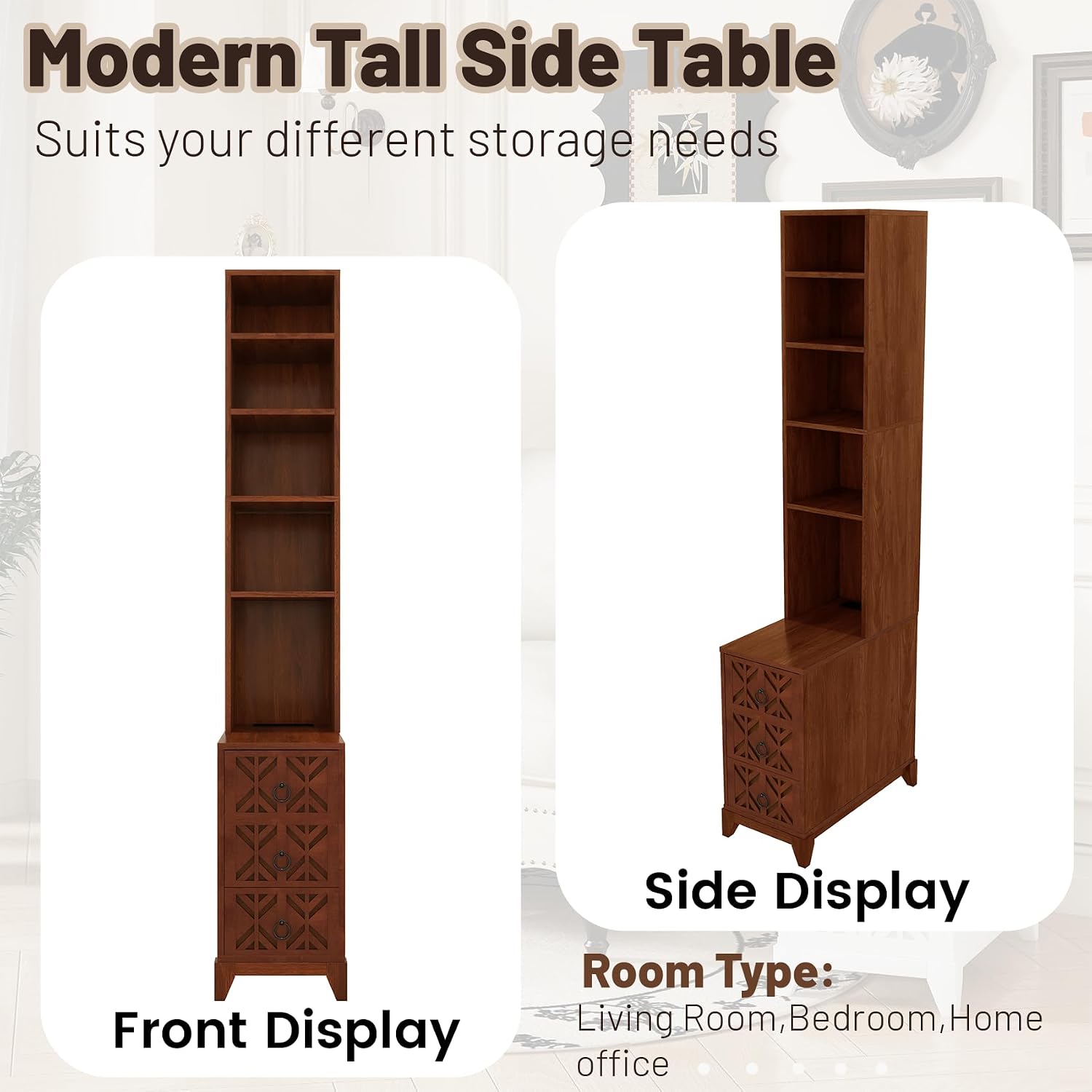 Wood Tall Nightstand with Charging Station, 70.9' Tall End Table with 3 Storage Drawers and 4 Open Shelves, Narrow Slim Sofa Side Table for Small Spaces, Living Room, Bedroom,Corner, Walnut