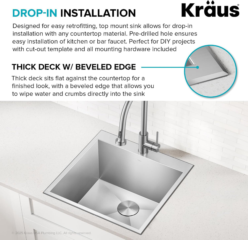 KRAUS Standart PRO 22-inch Drop-In Top Mount 16 Gauge Stainless Steel Single Bowl Laundry Utility Sink, KHT301-22L