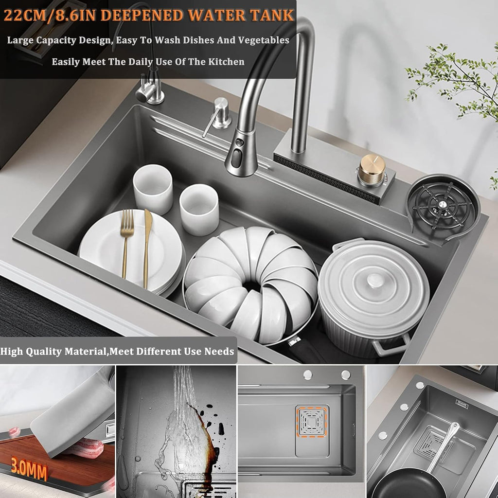 Generic Square Single Bowl Kitchen Sink 304 Stainless Steel Waterfall Sink He Multi-Function Rv Sink with Faucet and Cup Washer Drop in Or Under Mount (Color : Gun Grey, Size : 68x45x22cm)