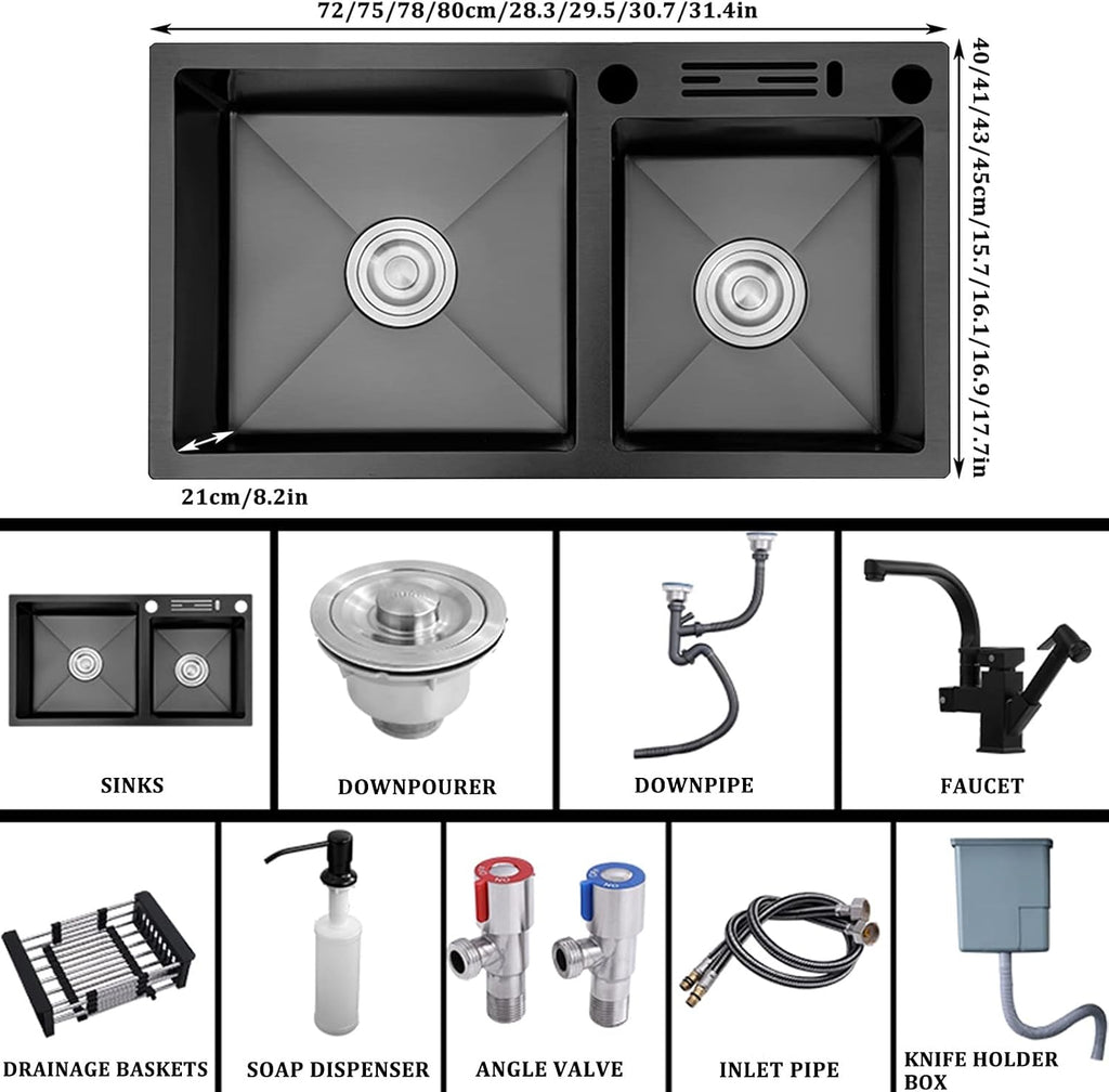 Black Double Bowl Kitchen Sink 304 Stainless Steel Bar Preparation Sink RV Sink with Faucet and Drainage Kit Top Mount Or Undermount (Color : Black-E, Size : 80x45x21cm)