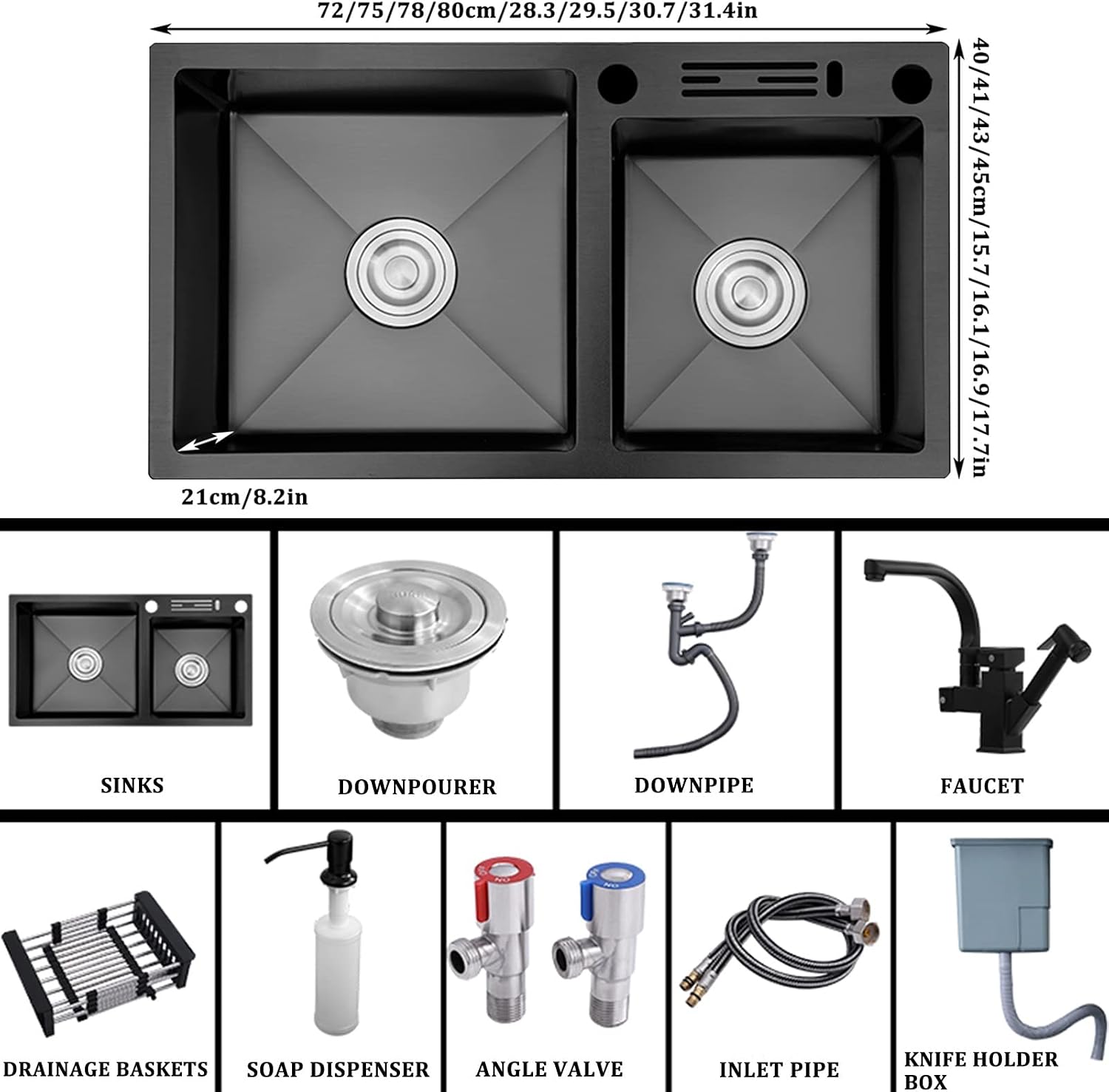 Black Double Bowl Kitchen Sink 304 Stainless Steel Bar Preparation Sink RV Sink with Faucet and Drainage Kit Top Mount Or Undermount (Color : Black-E, Size : 80x45x21cm)