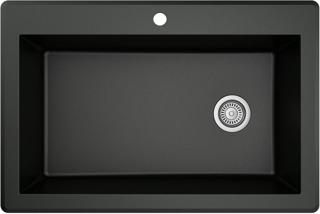 Karran QT-670 Drop-In/Top Mount 33' Single Bowl Granite Quartz Composite Kitchen Sink in Black Right Side Drain, Extra Deep 9' Basin, Heat & Scratch Resistant, Sound Dampening