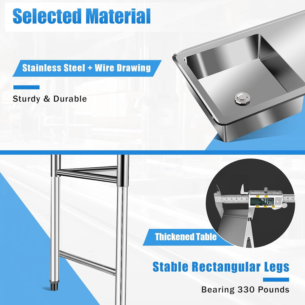 CNCEST Commercial Kitchen Sinks Single Bowl,304 Stainless Steel Catering Prep Table,Kitchen Wash Bowl Sink Basin,120x60x80cm,for Restaurant, Laundry, Garage (1 Bowl)
