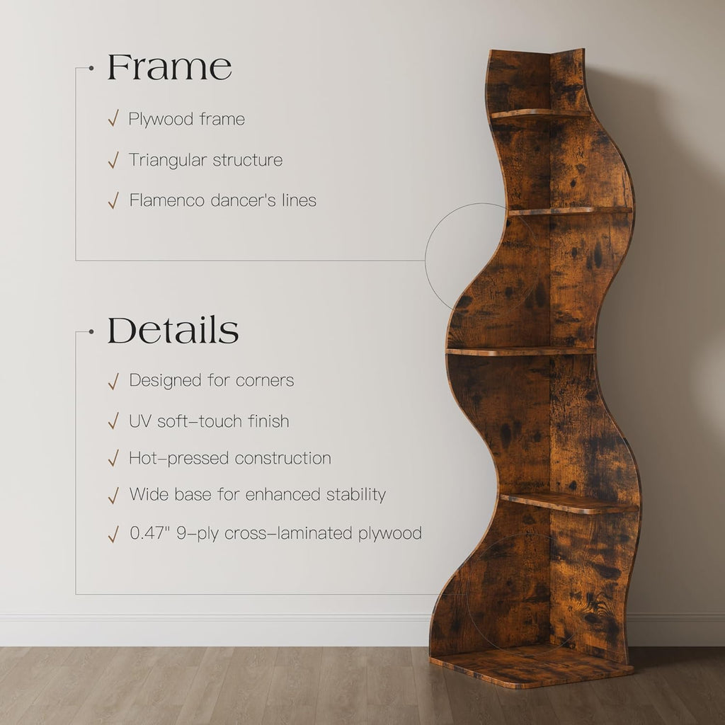 YOWOS 69.4' 5-Tier Modern Corner Bookshelf – Wavy Wooden Display Shelf with Storage, Narrow Corner Bookcase for Small Spaces, Ideal for Plants, Books & Decor (Rustic)