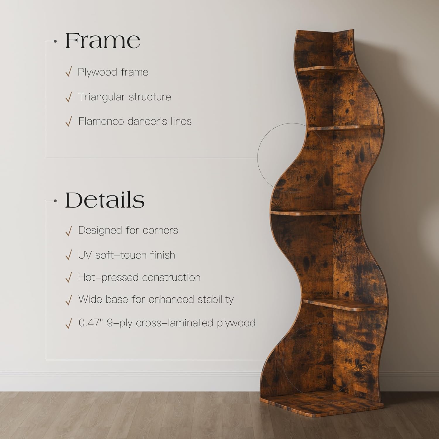 YOWOS 69.4' 5-Tier Modern Corner Bookshelf – Wavy Wooden Display Shelf with Storage, Narrow Corner Bookcase for Small Spaces, Ideal for Plants, Books & Decor (Rustic)