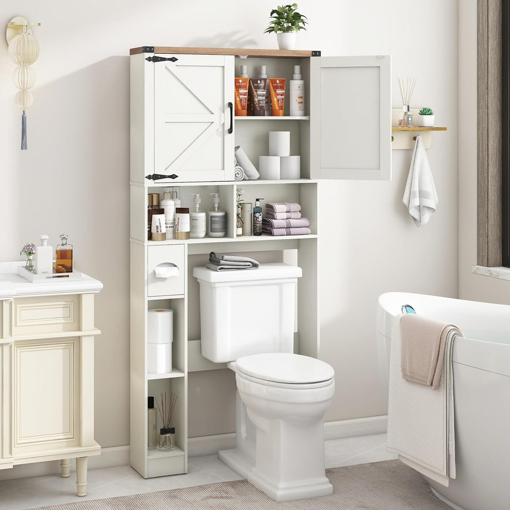 Vabches Over The Toilet Storage Cabinet, Farmhouse Storage Cabinet Over Toilet with 2 Barn Doors && Toilet Paper Holder Stand，Home Space-Saving Toilet Rack, for Laundry, Restroom, Bathroom