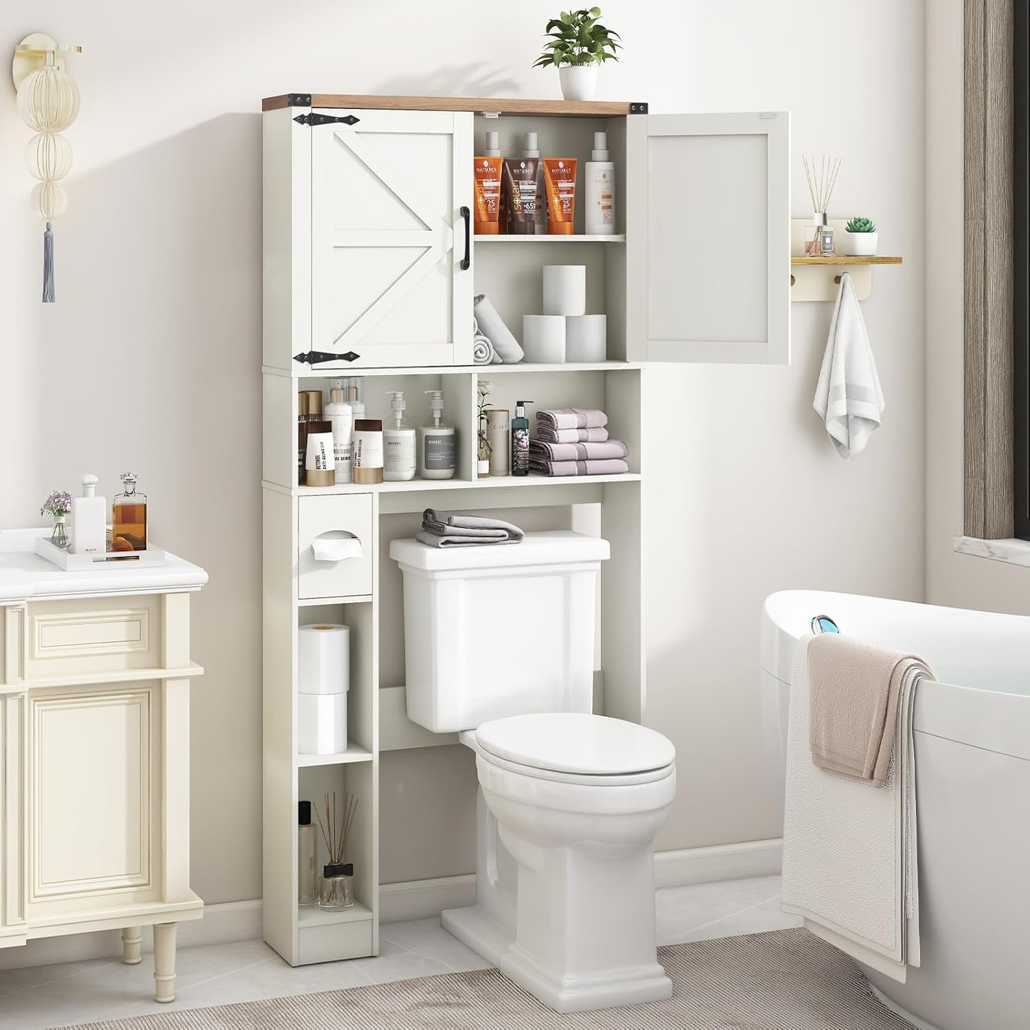 Vabches Over The Toilet Storage Cabinet, Farmhouse Storage Cabinet Over Toilet with 2 Barn Doors && Toilet Paper Holder Stand，Home Space-Saving Toilet Rack, for Laundry, Restroom, Bathroom