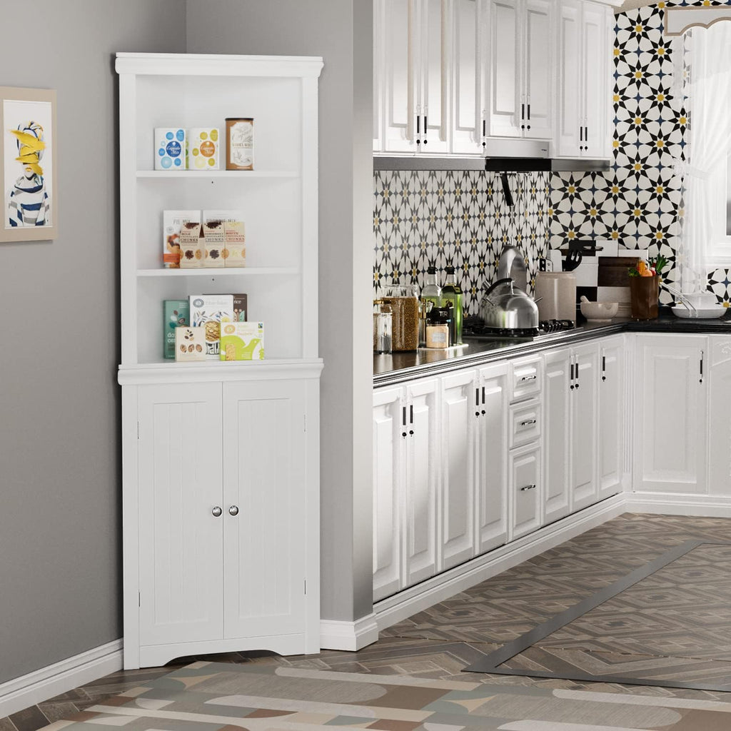 JUMMICO Corner Cabinet Corner Bathroom Cabinet with 2 Doors and 3 Tier Shelves Free Standing Corner Storage Cabinet for Bathroom, Living Room, Bedroom or Kitchen (White)