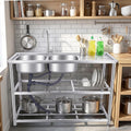 Stainless Steel Commercial Sink with Double Bowls, with 360° Rotation Faucets, Pipe, Workbench, 2-Tier with Storage Shelves Stainless Steel Utility Sink, Freestanding Portable Sink for Home/Restaurant