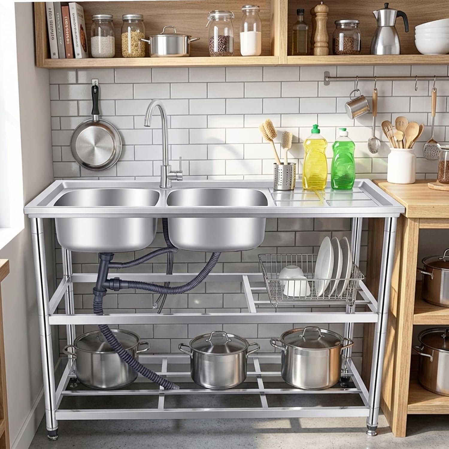 Stainless Steel Commercial Sink with Double Bowls, with 360° Rotation Faucets, Pipe, Workbench, 2-Tier with Storage Shelves Stainless Steel Utility Sink, Freestanding Portable Sink for Home/Restaurant