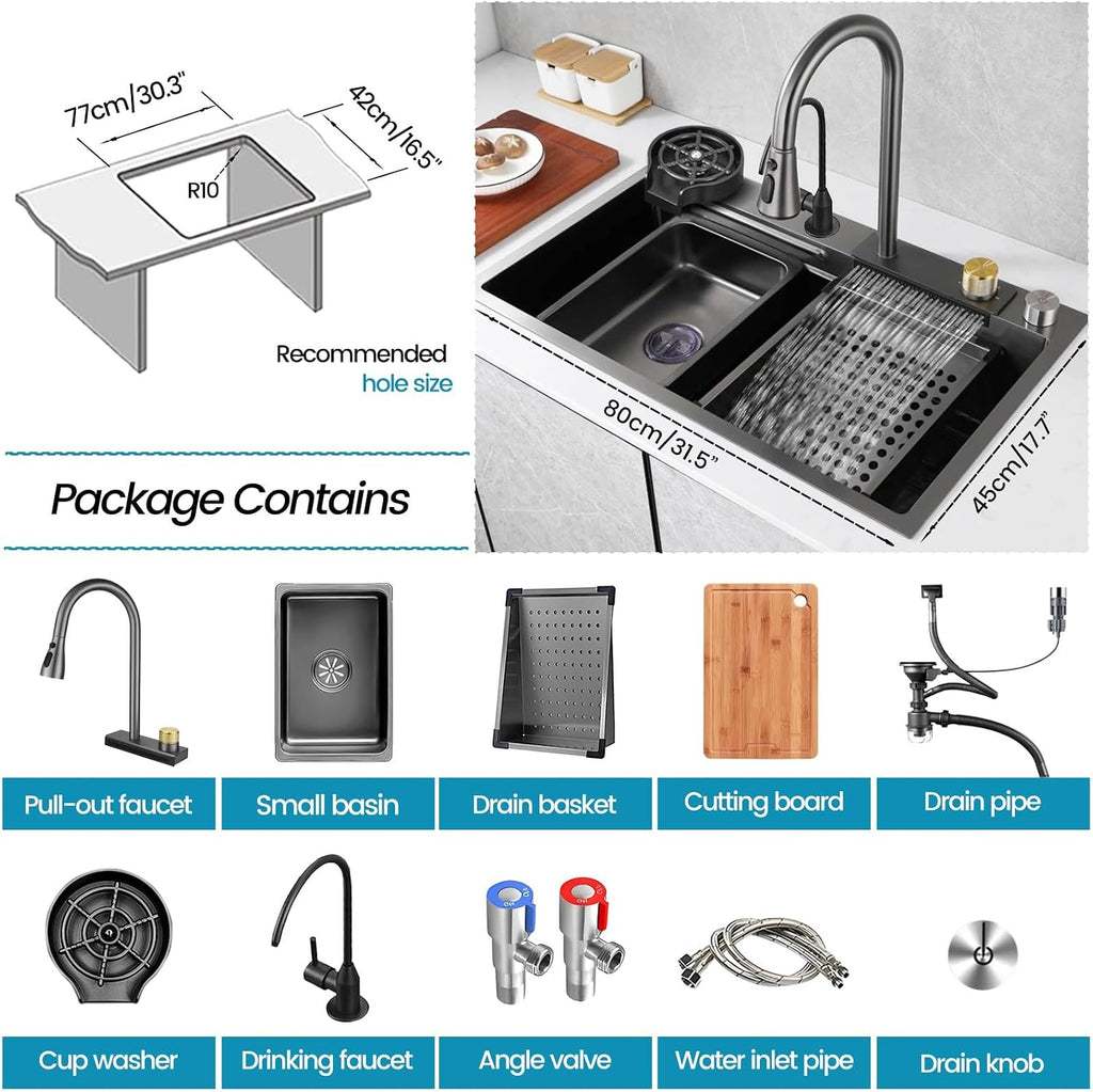 Gold Stainless Steel Single Bowl Kitchen Sink With Drainer, Drop In/Undermount Large Workstation Sink, Includes Pull Out Faucet, Cup Washer, Basin, Drain Basket, Full Waste Kit(Black,80x45x22cm)