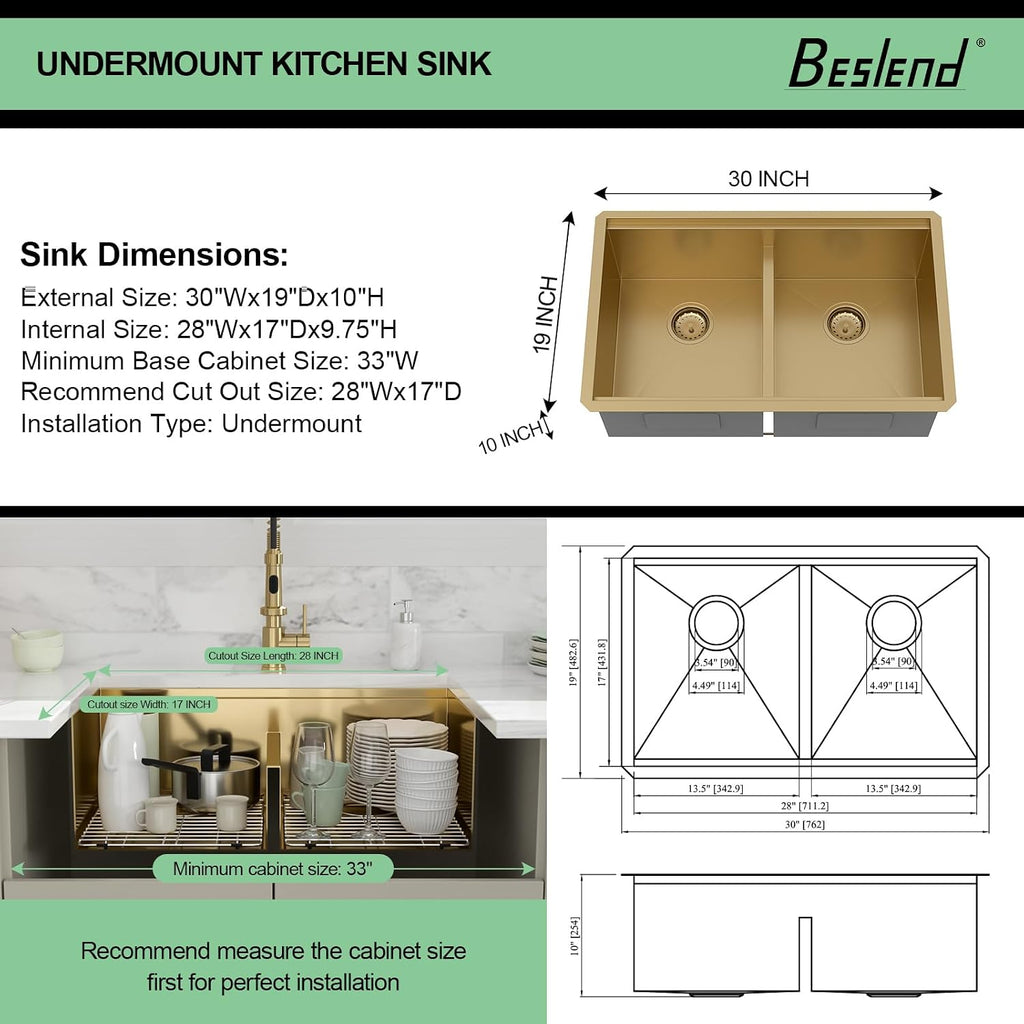 30 Inch Gold Undermount Kitchen Sink, 30x19 50/50 Double Bowl Workstation Sink, 16 Gauge T304 Heavy Duty Stainless Steel Low Divide Golden Kitchen Sink with Gold Accessories