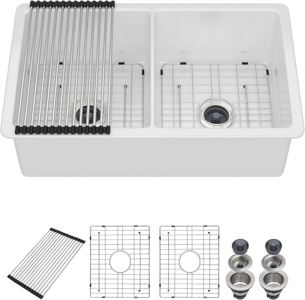32 Inch White Undermount Kitchen Sink, 32'x19'x10' Fireclay Porcelain Sink, 50/50 Double Bowl Ceramic Kitchen Sinks Large Basin