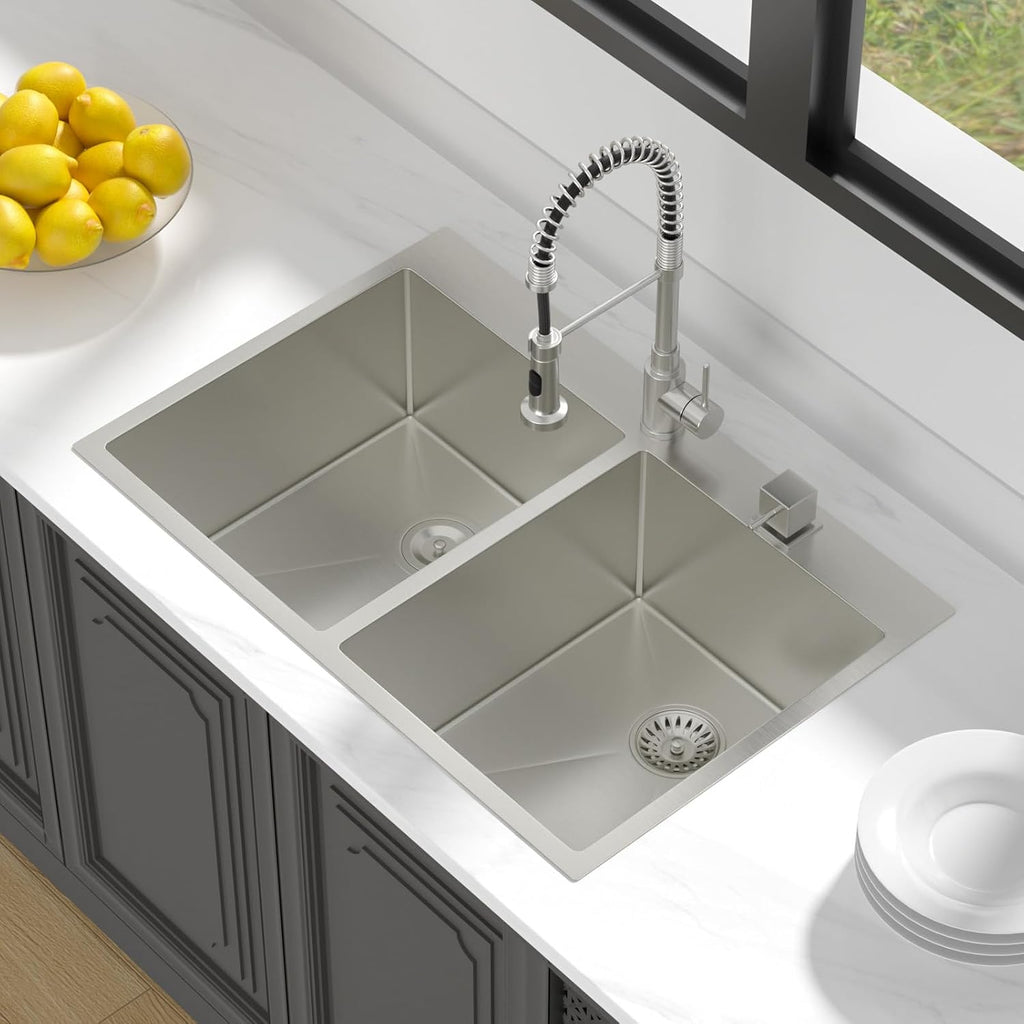 Lordear 33 Inch Drop in Kitchen Sink Double Bowl Kitchen Sinks 16 Gauge 304 Stainless Steel 50/50 Topmount Double Basin Sink