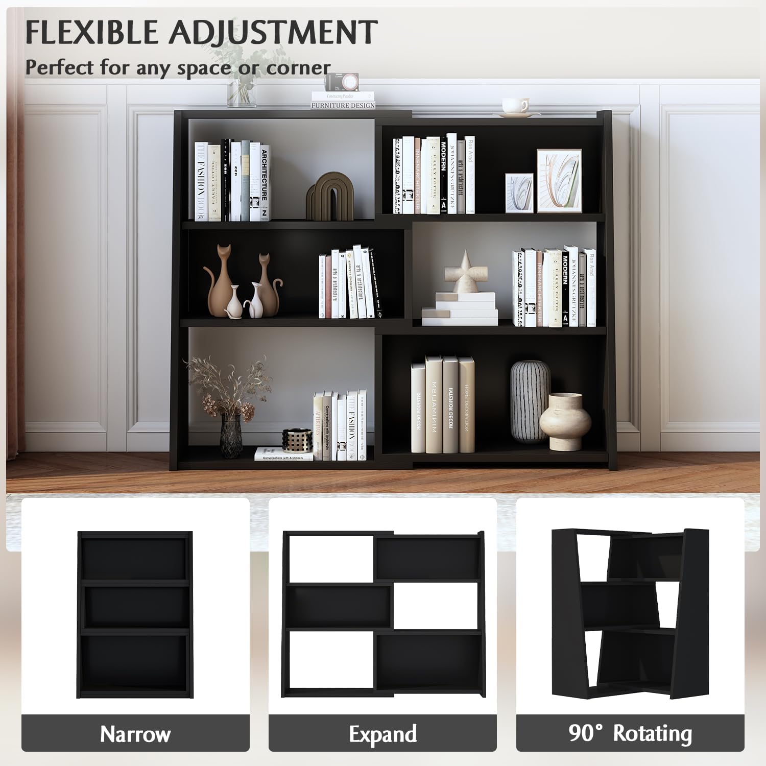 IOTXY Wooden Extendable Shelf Bookcase - 3-Tier Ladder Low Short Bookshelf for Small Space or Corner, Black, S