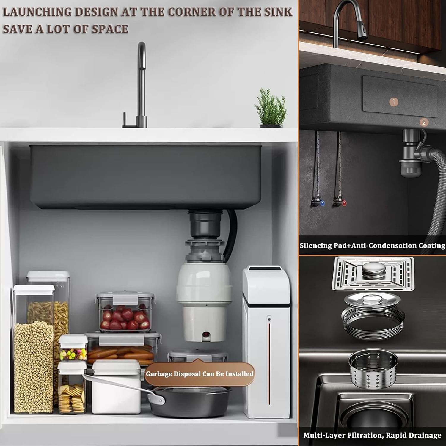 Black Nano Single Bowl Kitchen Sink 304 Stainless Steel Waterfall Bar Sink Multi-Function Rv Sink with Pull-Out Faucet and Cup Washer Drop in Or Under Mount(Black-60x45x21cm