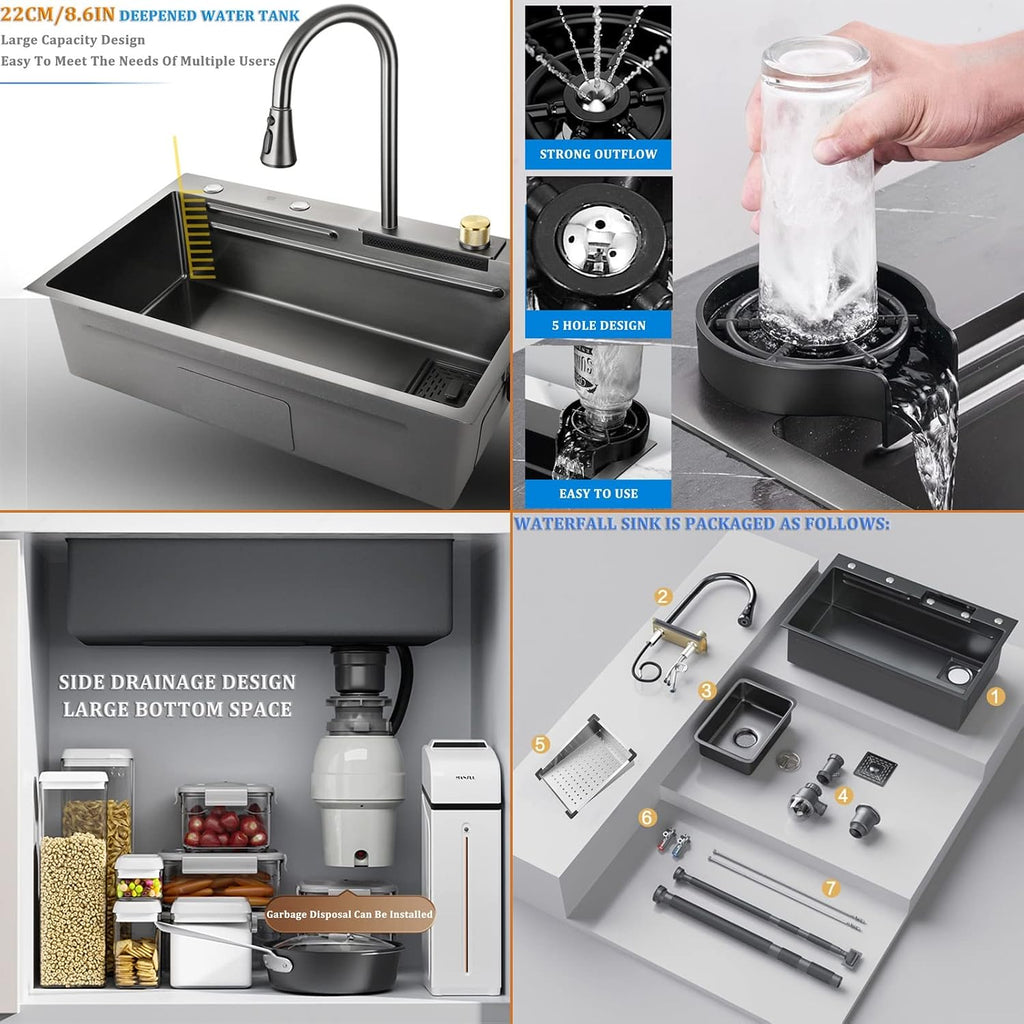 Black Single Bowl Kitchen Sink 304 Stainless Steel Waterfall Bar Sink Multi-Purpose Handmade Sink Rv Sink with 360 ° Pull-Out Faucet and Cup Washer Top Mount Or Undermount (Color : Blac