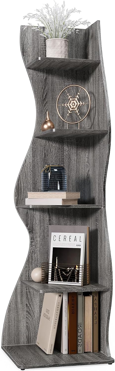 LITTLE TREE Small Corner Shelf, Modern 5-Tier Wall Corner Bookshelf, Stylish Bookcase Storage Rack for Small Space, Living Room, Bedroom