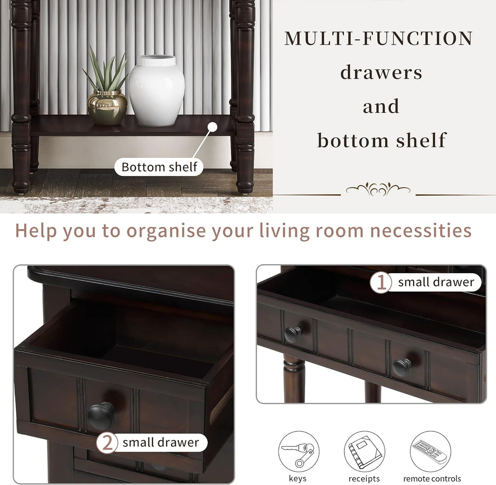 P PURLOVE Narrow Console Table, Farmhouse Entryway Table Slim Sofa Table with Three Storage Drawers and Bottom Shelf, Wood Entry Table for Living Room,Easy Assembly,Espresso