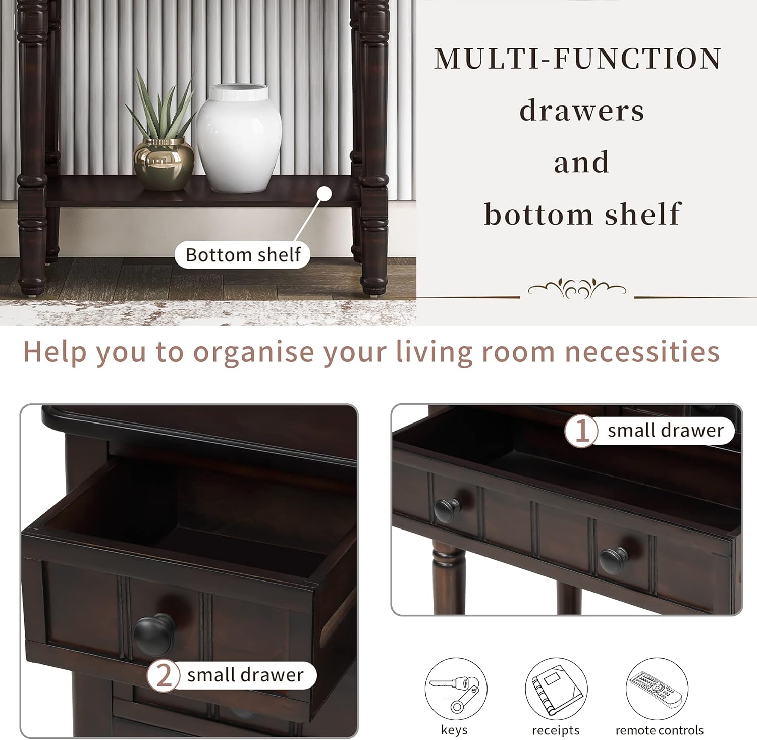 P PURLOVE Narrow Console Table, Farmhouse Entryway Table Slim Sofa Table with Three Storage Drawers and Bottom Shelf, Wood Entry Table for Living Room,Easy Assembly,Espresso