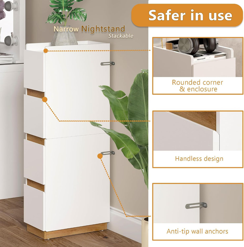 Narrow Night Stands, Modern Slim Nightstand Set of 2, Wooden Skinny Bedside Table 2 Drawers, Stackable Narrow Side Table with Drawers for Small Spaces, Bedroom, Living Room, White