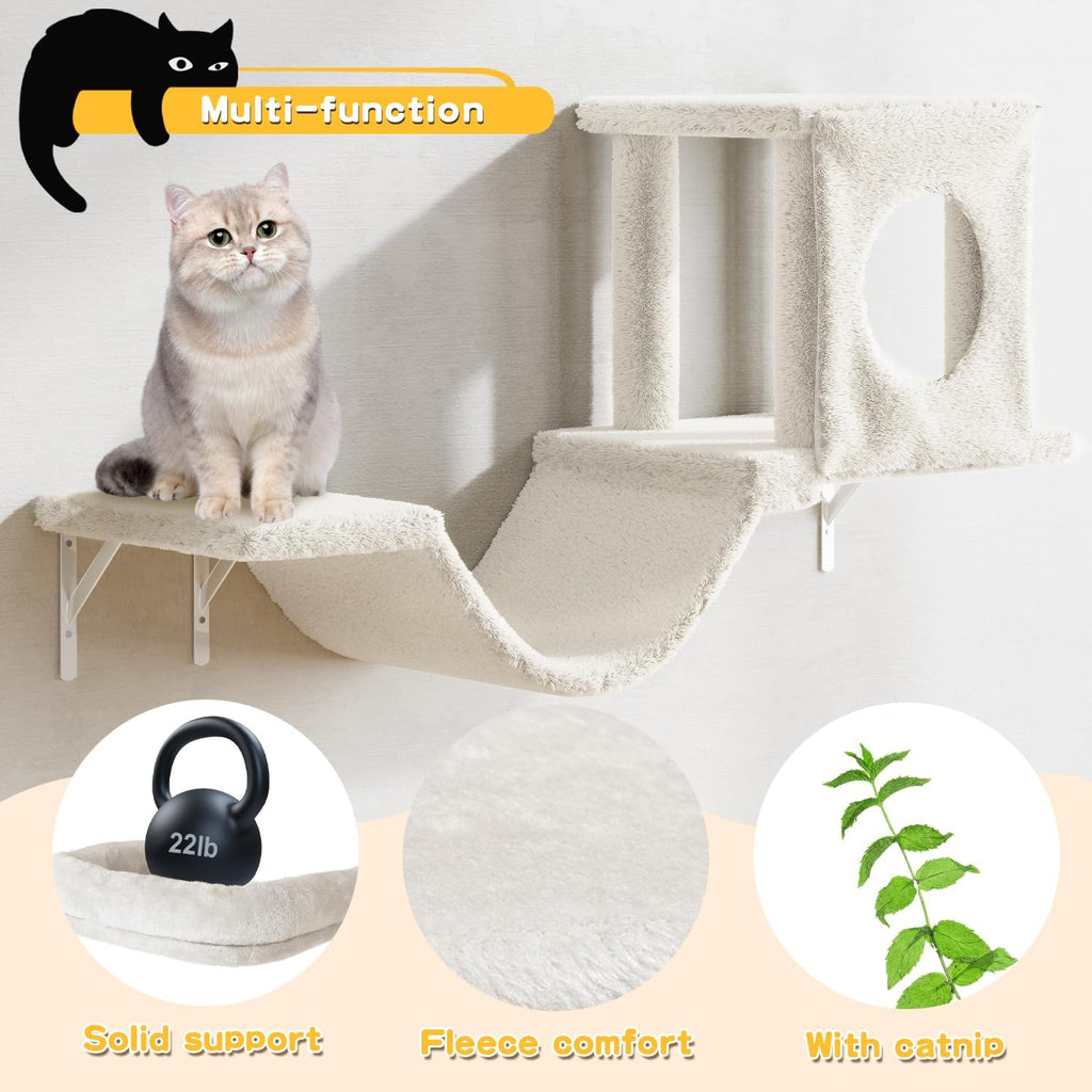 NUNU LAB Wall Mounted Cat Wall Shelves, 12-in-1 Cat Wall Climber with Condos House, Scratching Post, Bridge Ladder, Indoor Space-Saving Furniture for Kittens Play, Beige