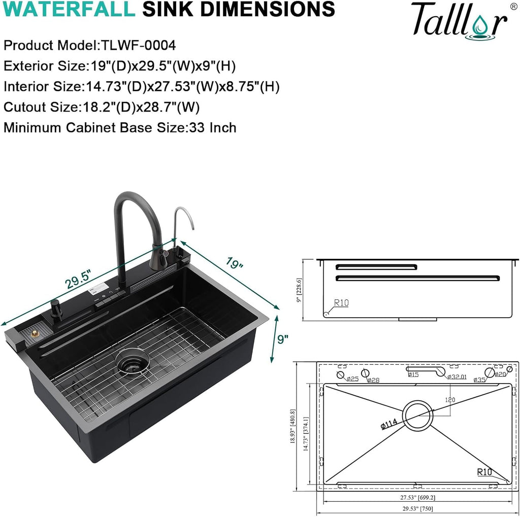 Smart Waterfall Kitchen Sink 30 Inch, Gunmetal Black Drop In 16 Gauge Stainless Steel Single Bowl Workstation Sink with Pull-Down Faucet, Cup Washer & Multi-Function Spray#TLWF-0004