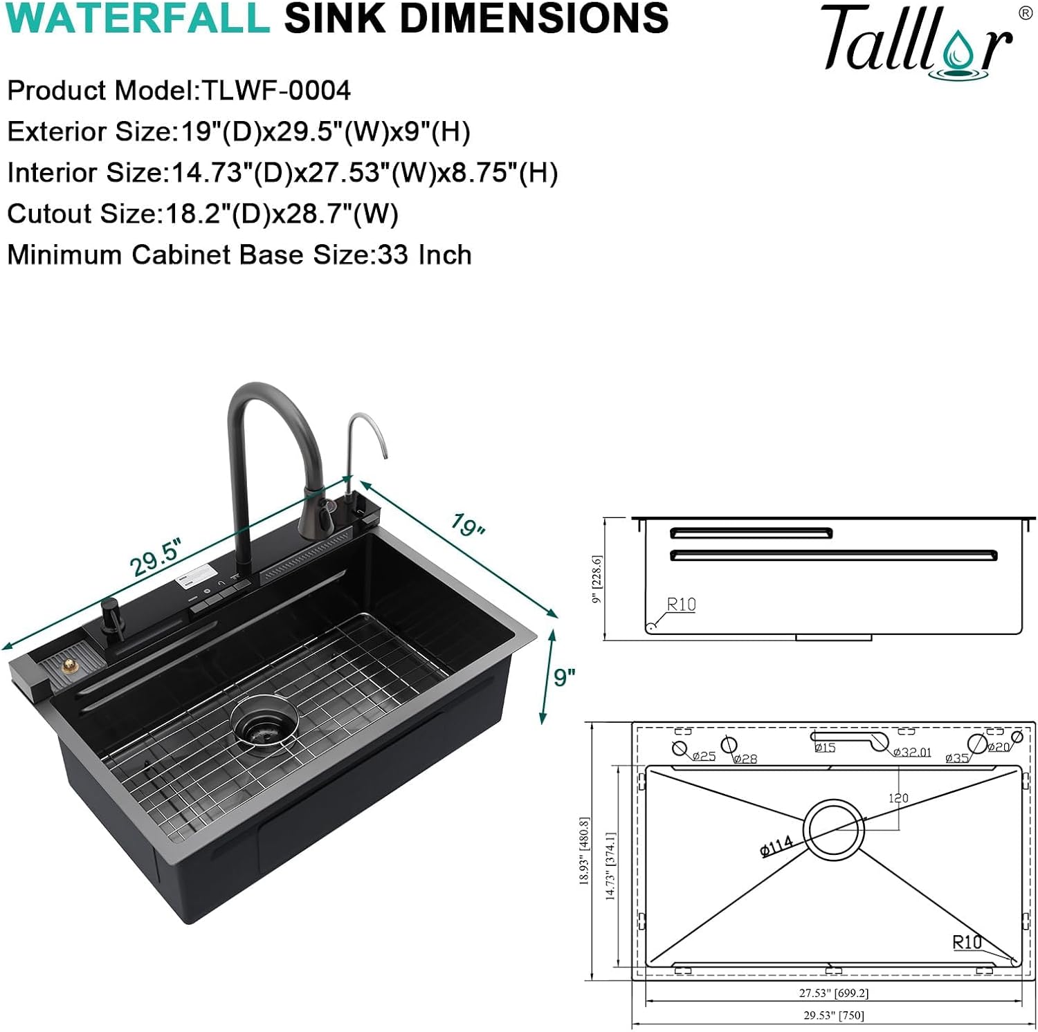 Smart Waterfall Kitchen Sink 30 Inch, Gunmetal Black Drop In 16 Gauge Stainless Steel Single Bowl Workstation Sink with Pull-Down Faucet, Cup Washer & Multi-Function Spray#TLWF-0004