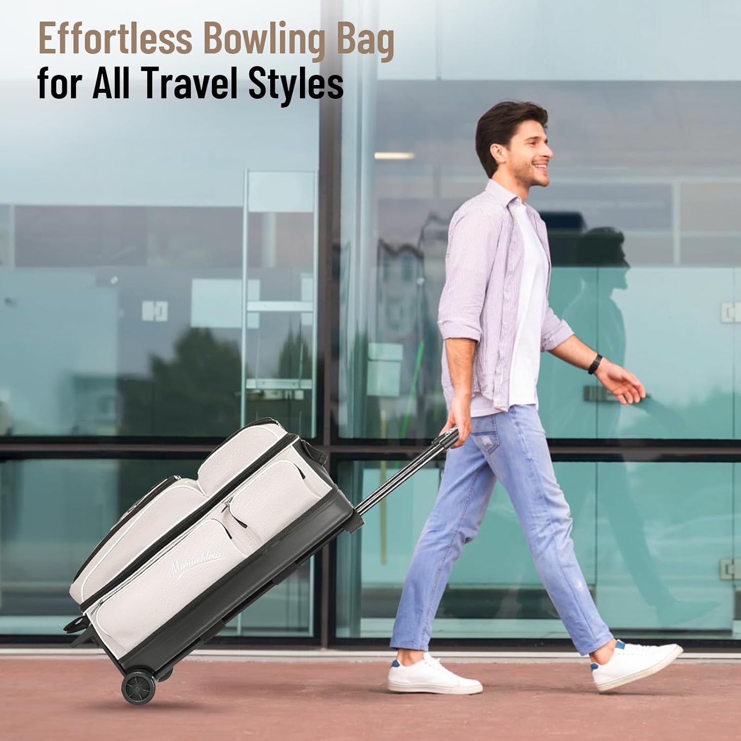 MANUEKLEAR 3 Ball Bowling Bags with Wheels, Bowling Ball Bag 3 Ball Roller with Accessory Pockets and Shoe Compartment