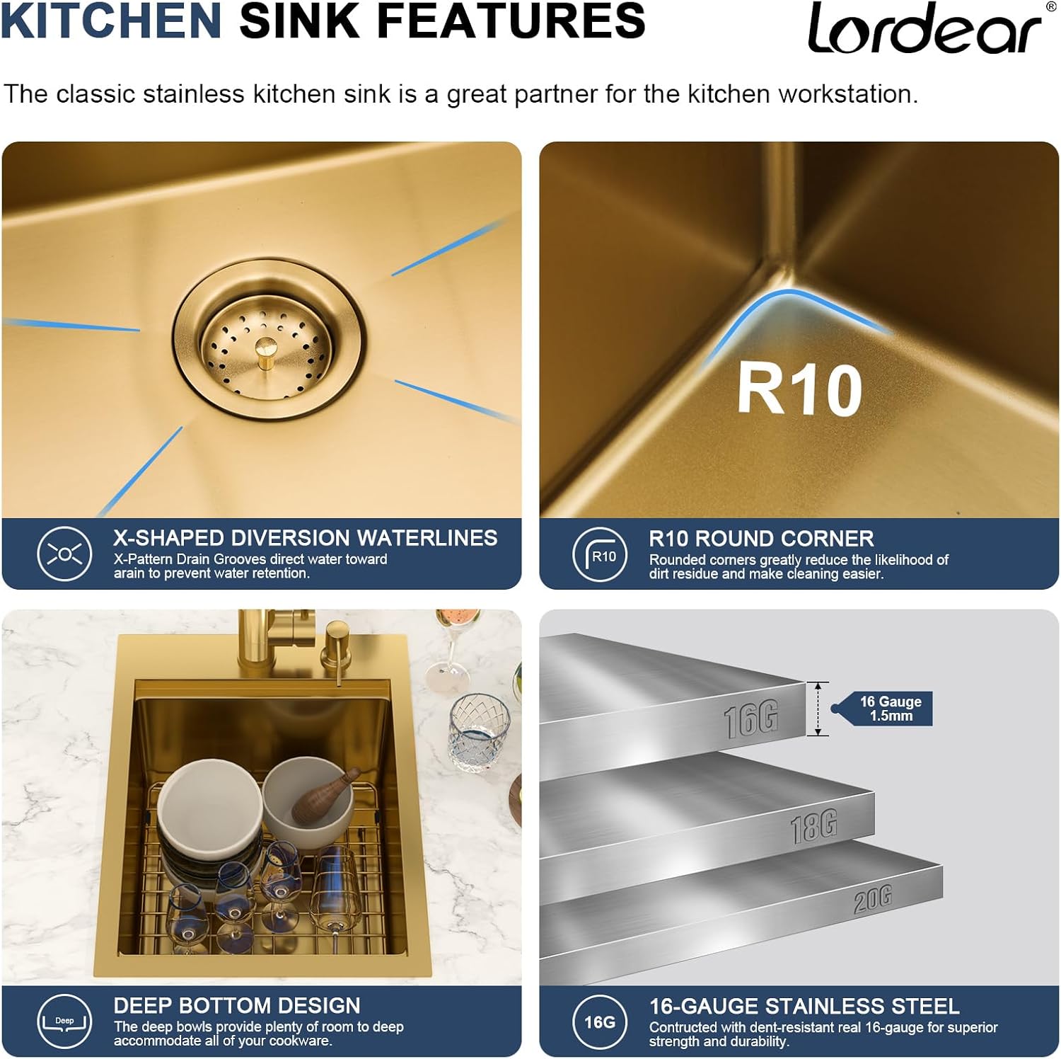 Bar Sink - Lordear 15x20 Inch Gold Bar Sink with Faucet Drop In Workstation 16 Gauge T304 Stainless Steel Single Bowl Top Mount Wet Bar RV Prep Outdoor Kitchen Sink 15x20x9 Inch