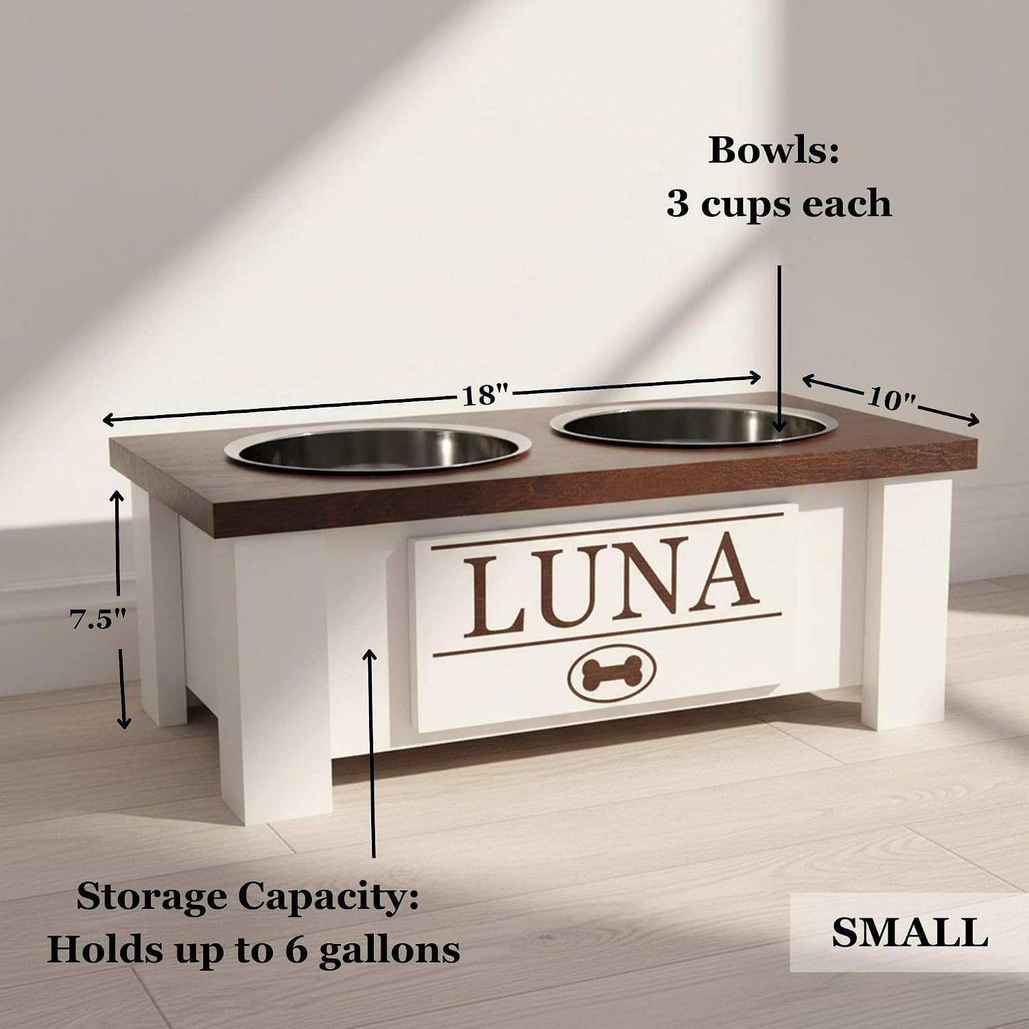 GTW Elevated Dog Bowl Stand for Small Dogs - Customized Feeding Station with Storage & Stainless Steel Food Bowls (Small, Dark Walnut)