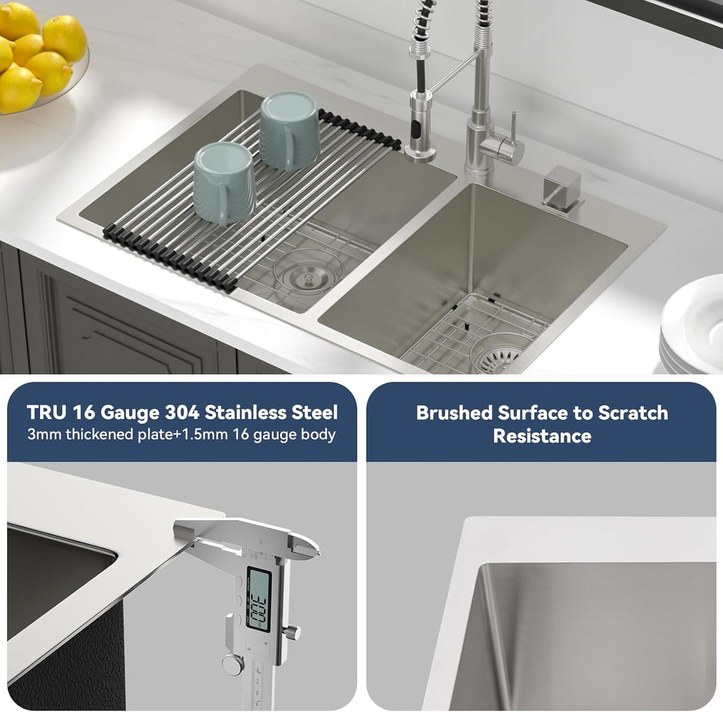 Lordear 33 Double Bowl Kitchen Sink Drop In Kitchen Sink 33X22 Inch Topmount Kitchen Sinks 60/40 16 Gauge Stainless Steel Over Counter Handmade Sinks