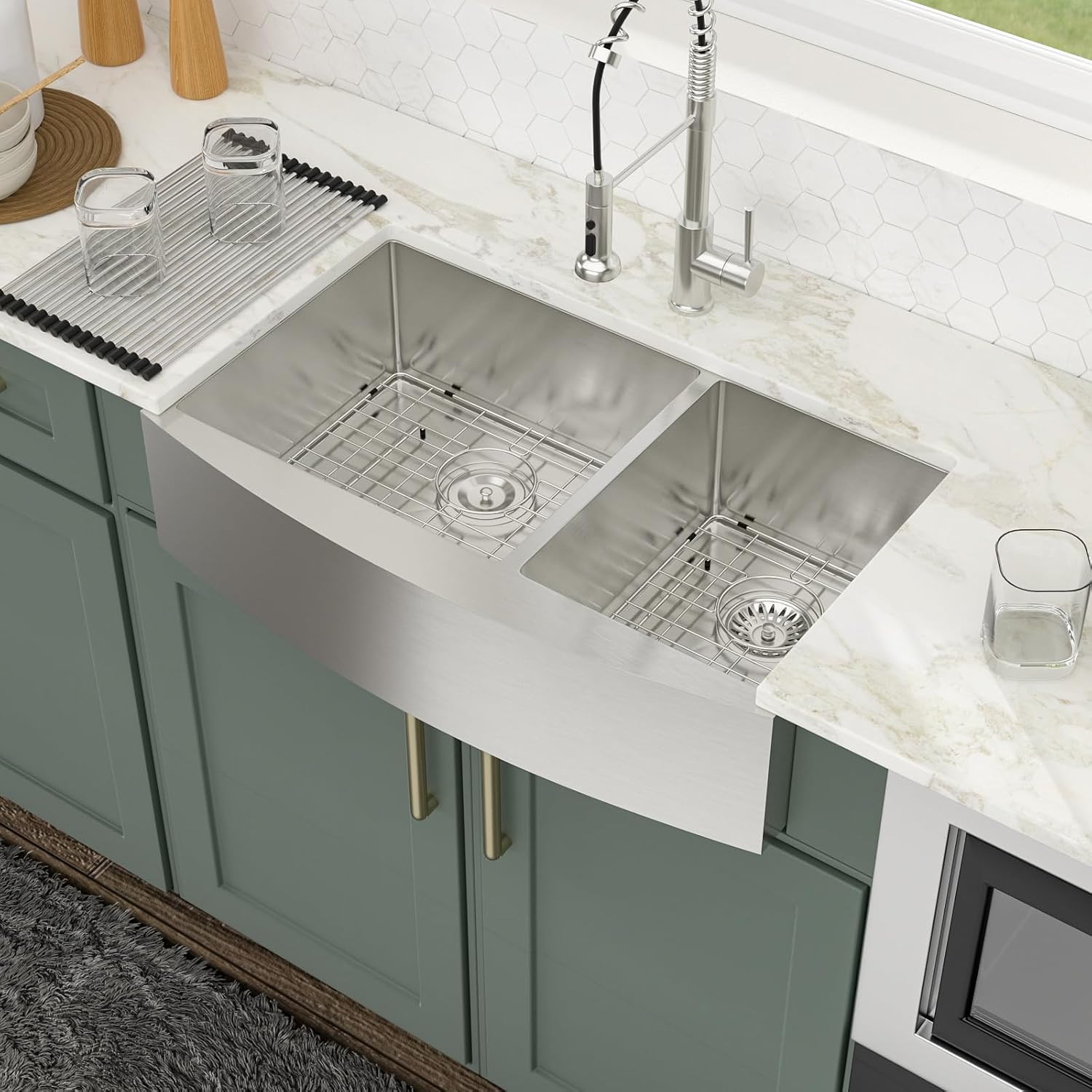 Logmey 33 Inch Farmhouse Sink 60/40 Double Bowl Kitchen Sink Apon Front Sink 16 Gauge 304 Stainless Steel Farm Sinks 33x20x9