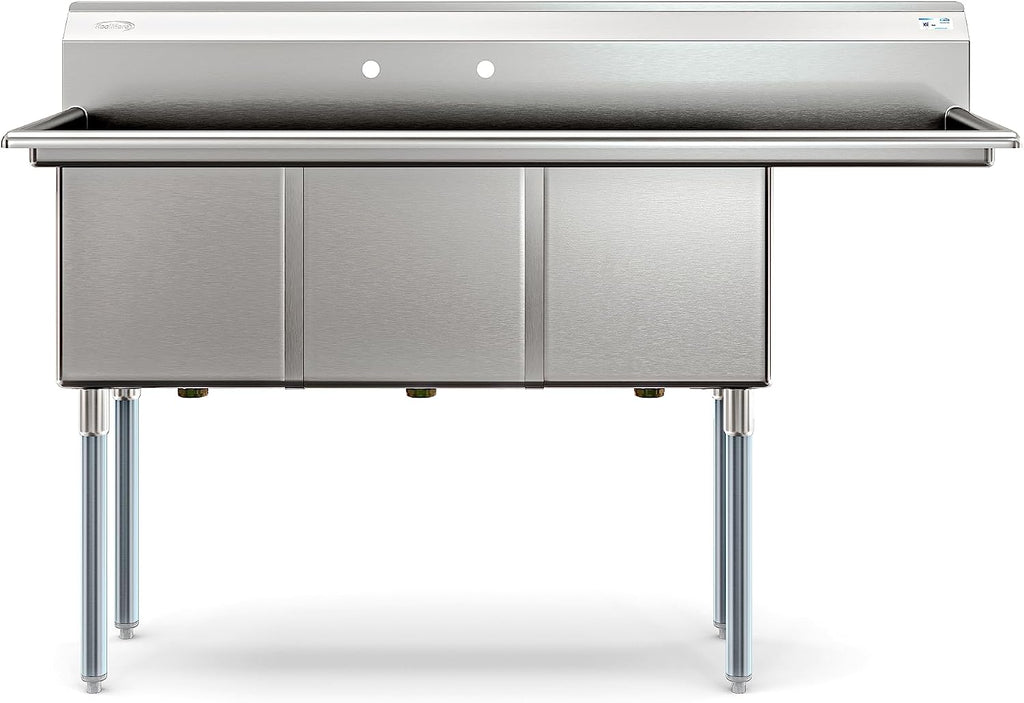 KoolMore 63 in. Three Compartment 16-Gauge Stainless-Steel NSF Commercial Kitchen Sink, Bowl Size 15x15x14, with Three Basins for Restaurants and Cafes with Right Drainboard (KM-SC151514-15R316)