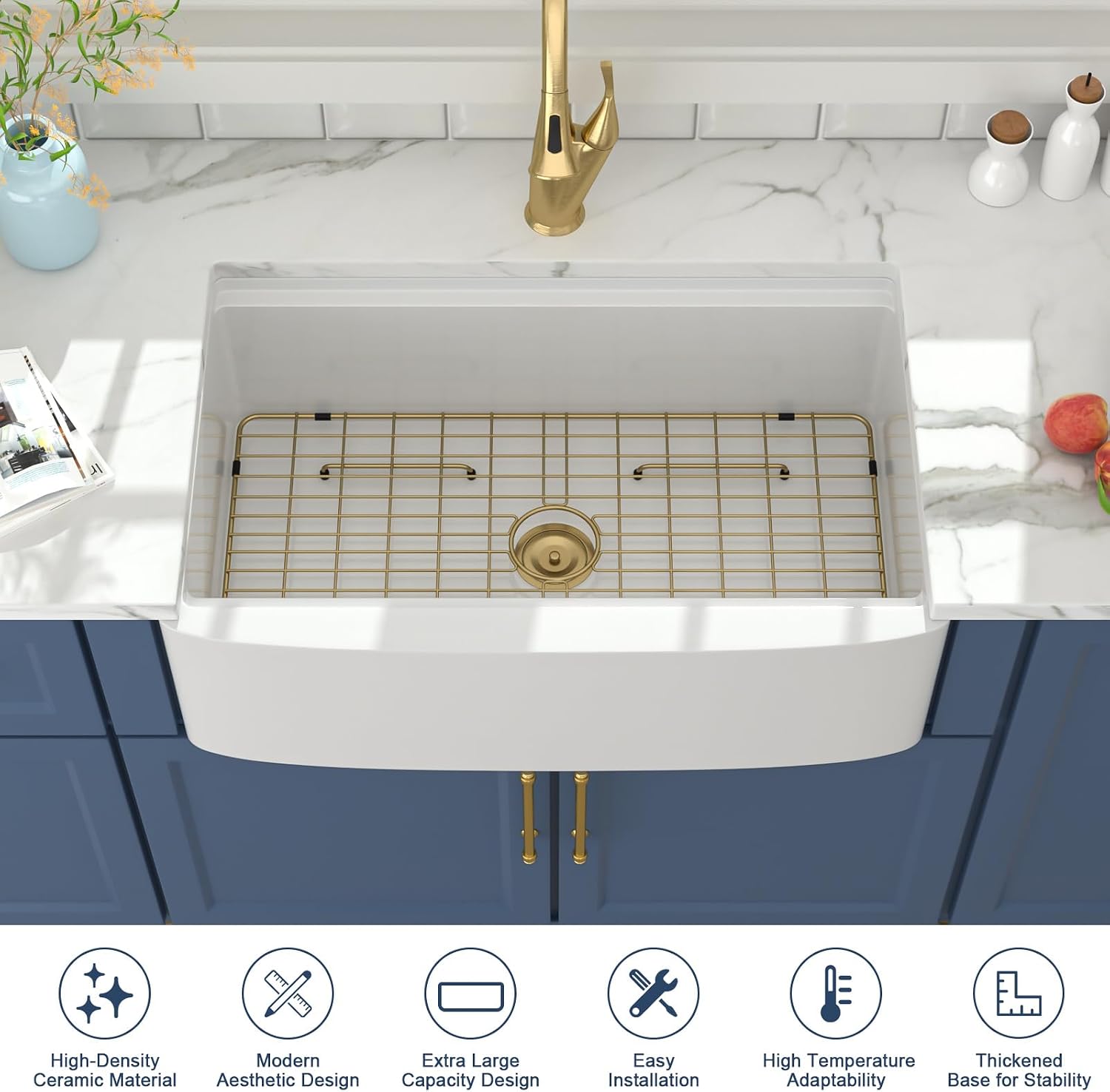 Lordear Farmhouse Sink 33 Inch White Kitchen Sinks Workstation Curved Apron Fireclay Porcelain Ceramic Single Bowl Farmer Sink Farm Sinks 33x21x10 Inch with Gold Accessories