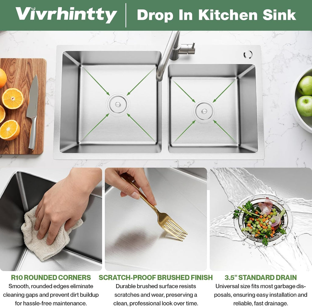 31' x 18' Double Bowl Kitchen Sink, Drop-in/Topmount 304 Stainless Steel Sink with Nano Coating & Accessories Set