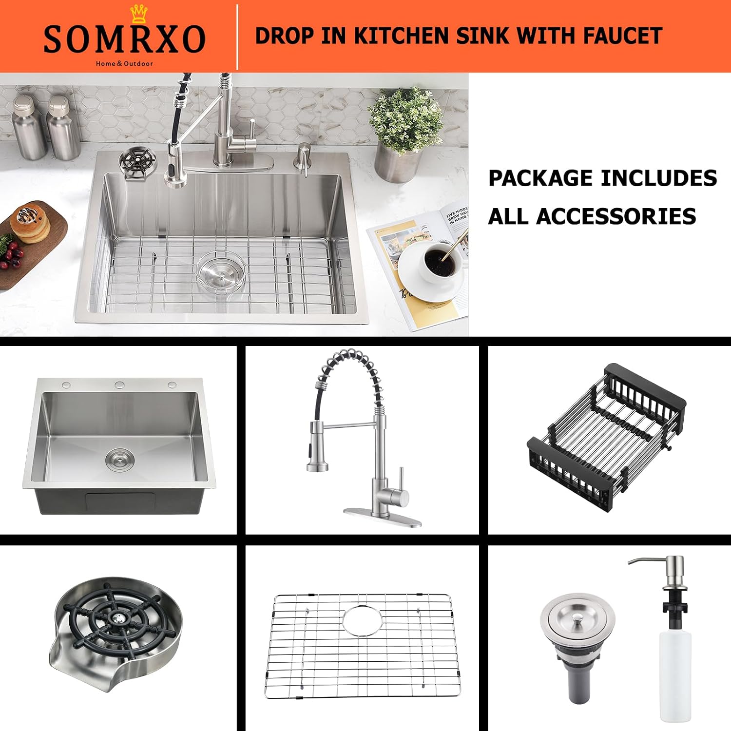 25 Inch Drop In Kitchen Sink with Faucet Combo - Stainless Steel Drop In Sink with Cup Washer, 9 Inch Deep Single Bowl Kitchen Sinks and Faucets Combo Set,Top Mount Design for Modern Kitchens