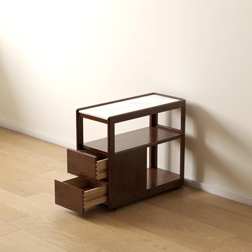 100% Solid Wood Side Table with Storage, Narrow End Table with 2 Drawers, Slim Nightstand and Small Bedside Table with Wheels for Living Room Kitchen Bedroom(Walnut, 15.75' D x 26.77' W x 21.65' H)