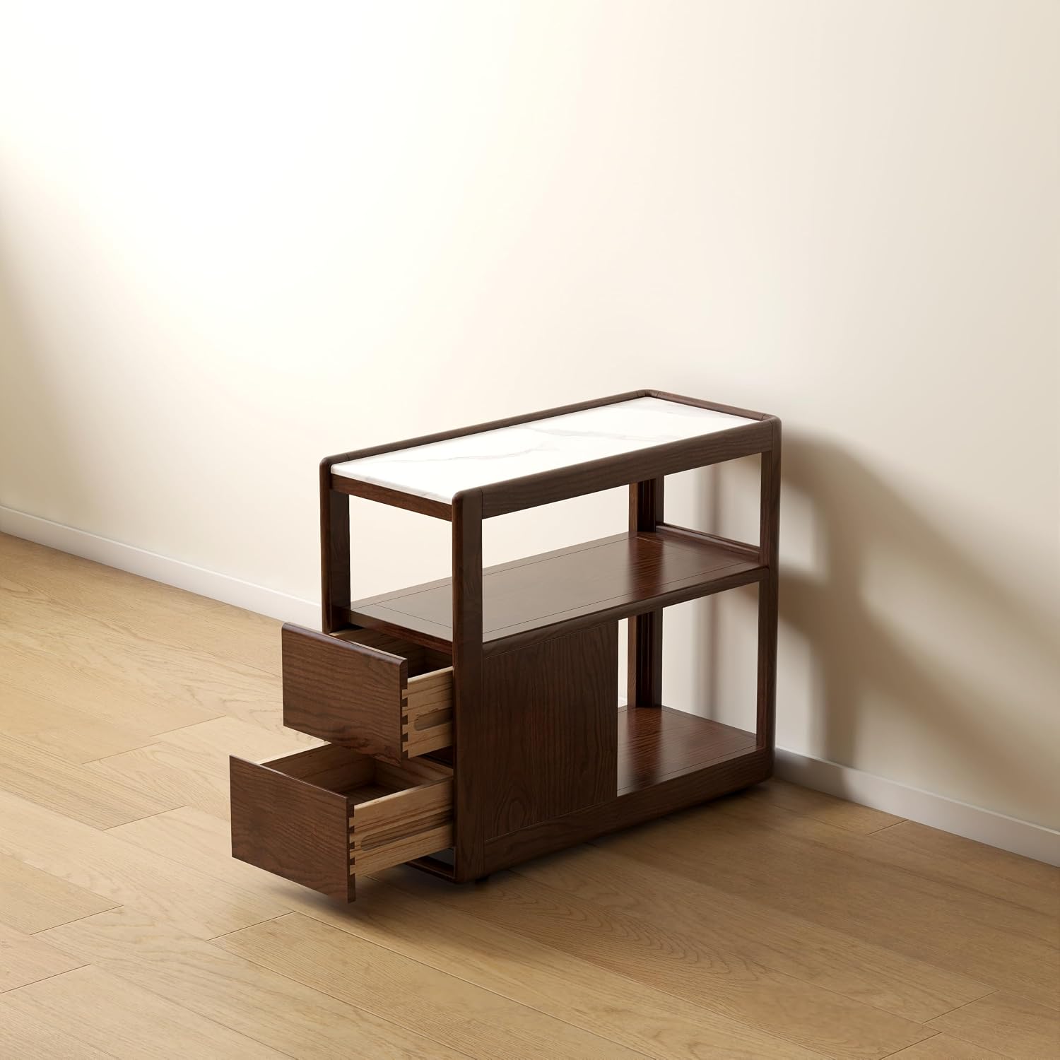 100% Solid Wood Side Table with Storage, Narrow End Table with 2 Drawers, Slim Nightstand and Small Bedside Table with Wheels for Living Room Kitchen Bedroom(Walnut, 15.75' D x 26.77' W x 21.65' H)