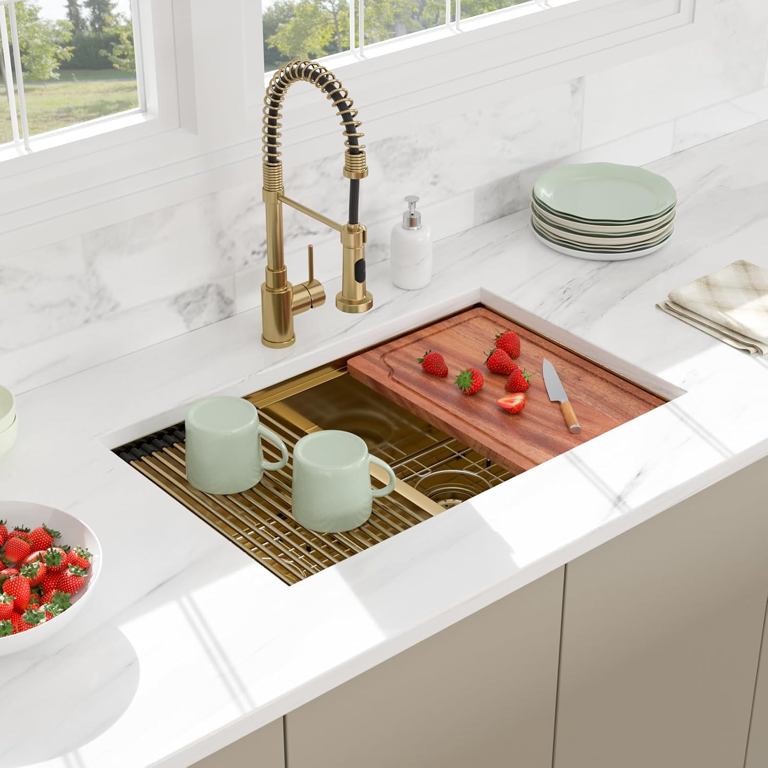 30 Inch Gold Undermount Kitchen Sink, 30x19 50/50 Double Bowl Workstation Sink, 16 Gauge T304 Heavy Duty Stainless Steel Low Divide Golden Kitchen Sink with Gold Accessories