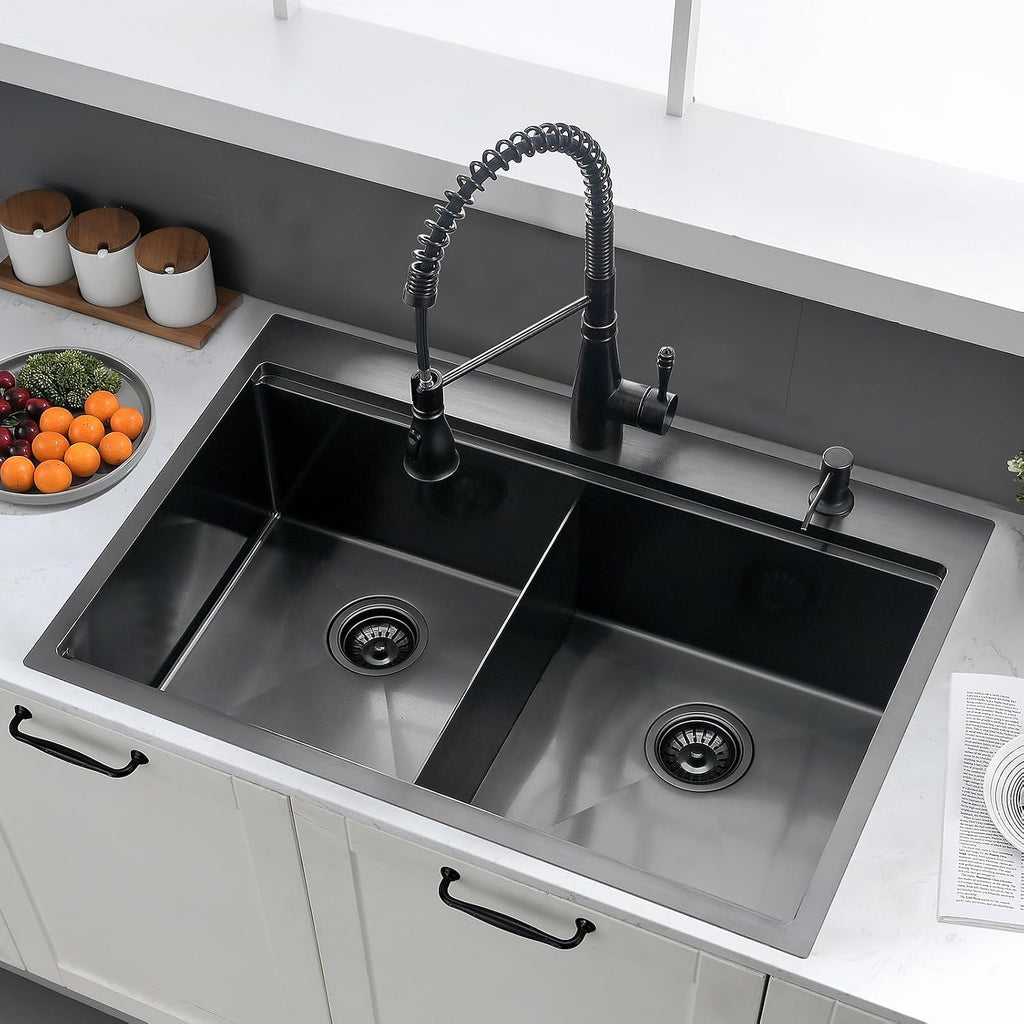 33x22 Black Double Bowl Drop In Kitchen Sink Workstation - 16 Gauge Stainless Steel Workstation Sinks 50/50 Split, Top Mount Drop In Kitchen Sink Double Bowl with Accessories