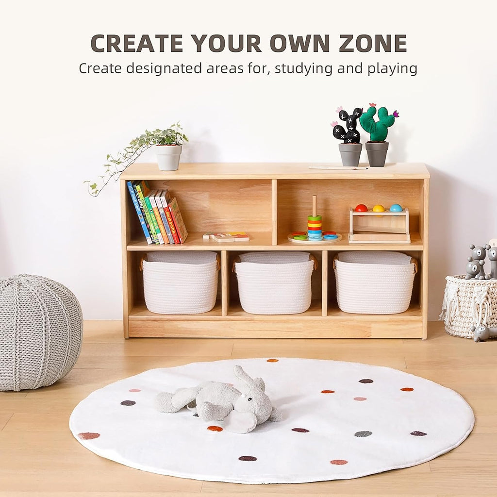 OOOK Rubber Wood 5-Compartment Montessori Shelf, 43.3' L, 2-Tier Toy Organizers and Storage, Wooden Storage Cabinet for Kids Room, Playroom, Nursery, Classroom, Kindergarten