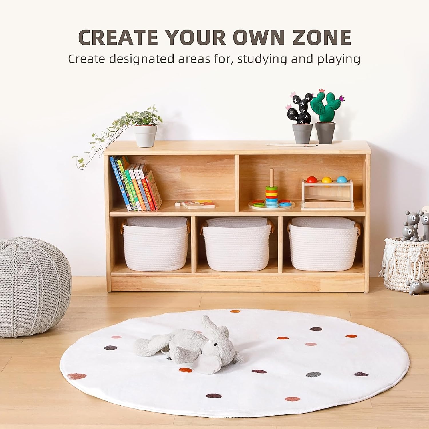 OOOK Rubber Wood 5-Compartment Montessori Shelf, 43.3' L, 2-Tier Toy Organizers and Storage, Wooden Storage Cabinet for Kids Room, Playroom, Nursery, Classroom, Kindergarten