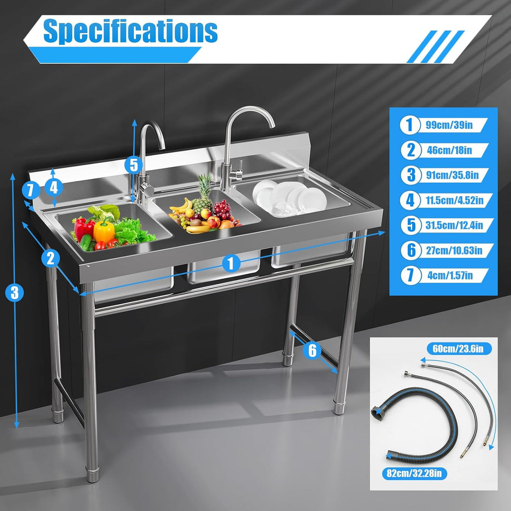 3 Compartment Sink, Commercial Restaurant Kitchen Triple Bowl Sink Set, Commercial Sinks with 2 Faucet & Cold and Hot Water Pipe, for Kitchen Bar Restaurant, 39''L*18''W*35.8''H