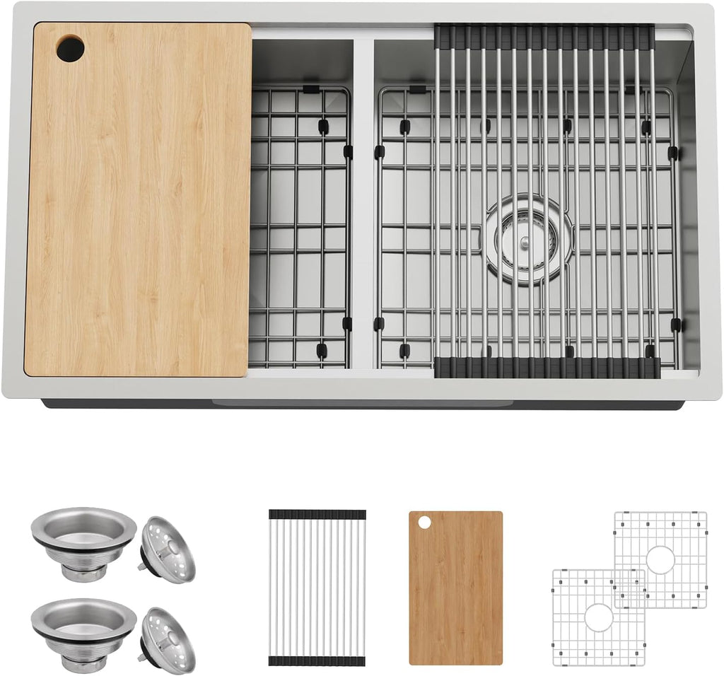 33'x19' Kitchen Sink Workstation - 50/50 Double Bowl Stainless Steel Undermount Kitchen Sink Built-in Ledge Drop In Workstation Sink For Placing/Sliding Accessories-Cutting Board,Drying Rack